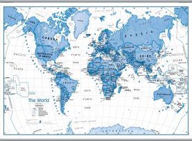 Large Children's Art Map of the World Blue (Rolled Canvas with Hanging Bars)