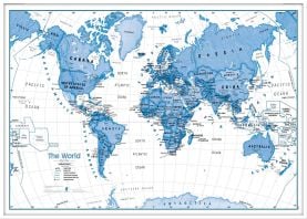 Large Children's Art Map of the World Blue (Wood Frame - White)