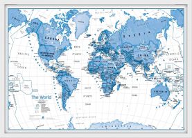 Medium Children's Art Map of the World Blue (Pinboard & wood frame - White)