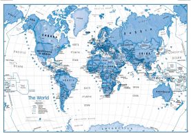 Large Children's Art Map of the World Blue (Rolled Canvas - No Frame)