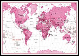 Large Children's Art Map of the World Pink (Canvas Floater Frame - Black)