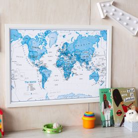 Medium Children's Art Map of the World Blue (Wood Frame - White)