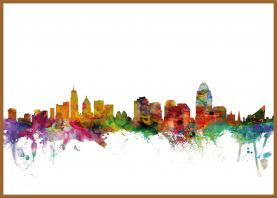 Large Cincinnati Ohio Watercolour Skyline (Pinboard & wood frame - Teak)