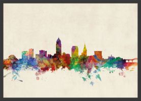 Medium Cleveland Ohio Watercolour Skyline (Wood Frame - Black)
