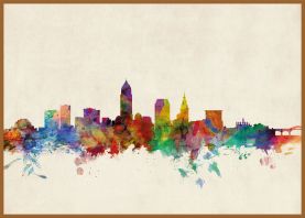 Large Cleveland Ohio Watercolour Skyline (Wood Frame - Teak)