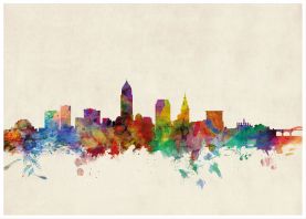 Large Cleveland Ohio Watercolour Skyline (Pinboard & wood frame - White)