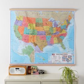 Large USA Wall Map Political (Wooden hanging bars)