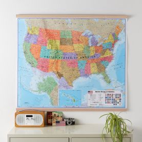 Large USA Wall Map Political (Wooden hanging bars)