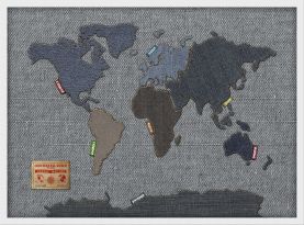 Small Denim Map of the World (Wood Frame - White)