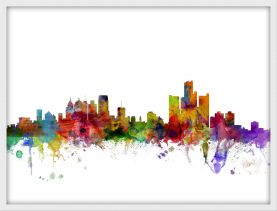 Medium Detroit Watercolour Skyline (Pinboard & wood frame - White)