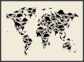 Large Dinosaur Map of the World Map (Canvas Floater Frame - Black)