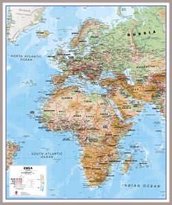 Europe Middle East Africa (EMEA) Physical Map (Pinboard & framed - Silver)