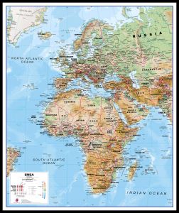 Europe Middle East Africa (EMEA) Physical Map (Pinboard & framed - Black)
