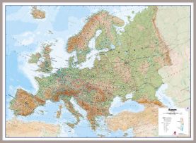 Large Europe Wall Map Physical (Magnetic board mounted and framed - Brushed Aluminium Colour)