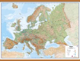 Huge Europe Wall Map Physical (Rolled Canvas with Wooden Hanging Bars)