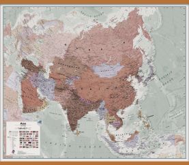 Huge Executive Asia Wall Map Political (Wooden hanging bars)