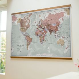 Large Executive World Wall Map Political (Wooden hanging bars)