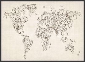 Large Floral Swirls Map of the World (Canvas Floater Frame - Black)