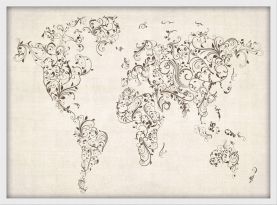 Small Floral Swirls Map of the World (Pinboard & wood frame - White)