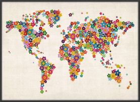 Large Flower Map of the World (Pinboard & wood frame - Black)