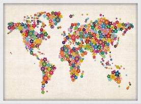 Small Flower Map of the World (Wood Frame - White)