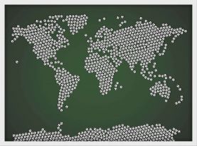 Small Football Balls Map of the World (Wood Frame - White)