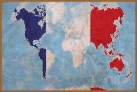 Large France Flag Map of the World (Wood Frame - Teak)