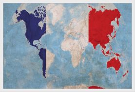 Medium France Flag Map of the World (Wood Frame - White)