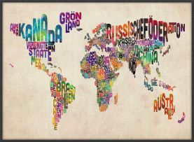Large German Text Art Map of the World (Canvas Floater Frame - Black)
