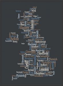 Large Great Britain UK City Text Art Map - Black (Canvas Floater Frame - Black)