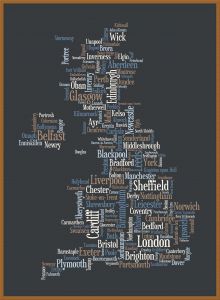 Large Great Britain UK City Text Art Map - Black (Pinboard & wood frame - Teak)