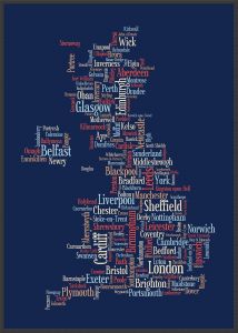 Large Great Britain UK City Text Art Map - Blue (Pinboard & wood frame - Black)