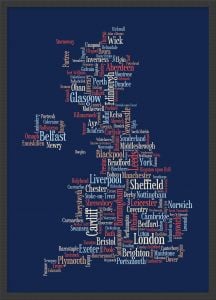 Small Great Britain UK City Text Art Map - Blue (Wood Frame - Black)