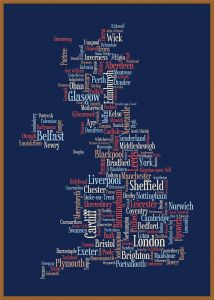 Large Great Britain UK City Text Art Map - Blue (Wood Frame - Teak)