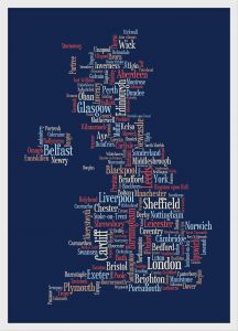 Small Great Britain UK City Text Art Map - Blue (Wood Frame - White)