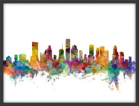 Small Houston Texas Watercolour Skyline (Wood Frame - Black)