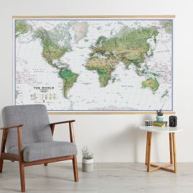 Huge World Wall Map Environmental White Ocean (Wooden hanging bars)