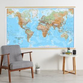 Huge World Wall Map Physical (Wooden hanging bars)
