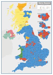 UK Parliamentary Constituency Boundary Wall Map (December 2019 results)