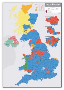 Large UK Parliamentary Constituency Boundary Wall Map (December 2019 results) (Canvas)