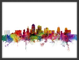 Medium Kansas City Watercolour Skyline (Pinboard & wood frame - Black)