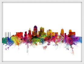Medium Kansas City Watercolour Skyline (Pinboard & wood frame - White)