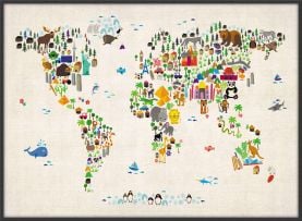 Large Kids Animal Map of the World (Wood Frame - Black)