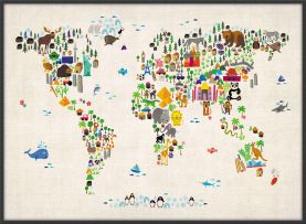 Large Kids Animal Map of the World (Canvas Floater Frame - Black)
