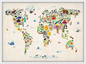 Medium Kids Animal Map of the World (Pinboard & wood frame - White)