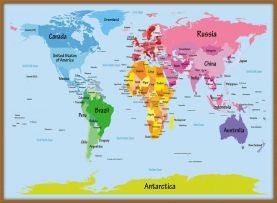Large Kids Big Text Map of the World (Pinboard & wood frame - Teak)