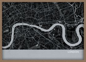 A3 London City Street Map Print Charcoal (Wood Frame - Oak Style)