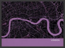 A4 London City Street Map Print Mauve (Wood Frame - Black)