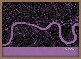 A3 London City Street Map Print Mauve (Wood Frame - Oak Style)