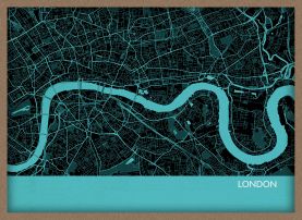 A3 London City Street Map Print Turquoise (Wood Frame - Oak Style)